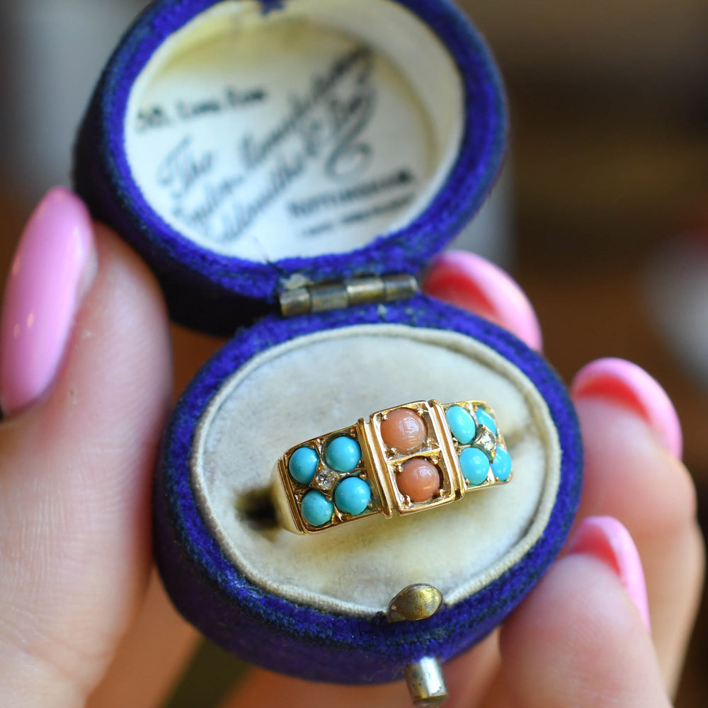 Victorian Coral, Turquoise & Diamond Cluster Ring