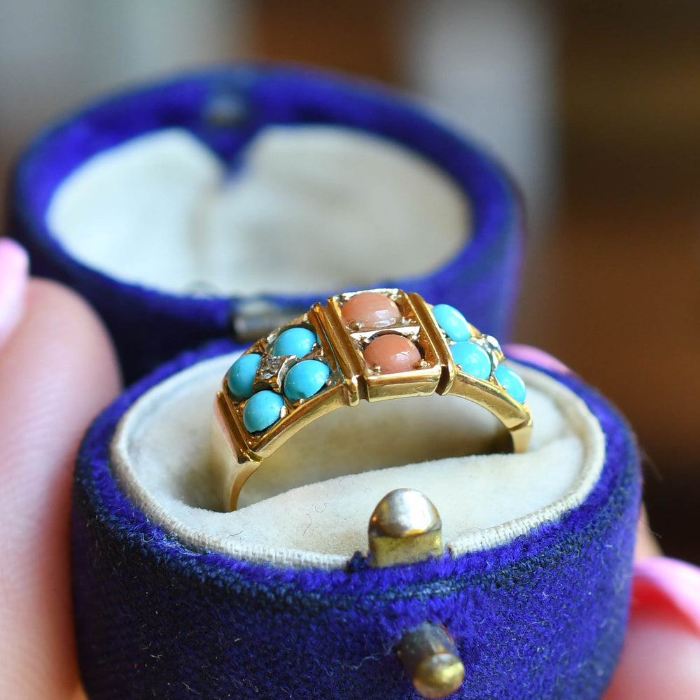 Victorian Coral, Turquoise & Diamond Cluster Ring