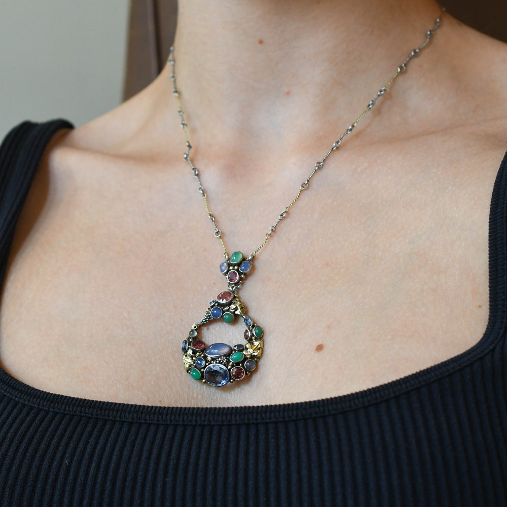 Arts & Crafts Multi-Gem Pendant & Chain Attributed to Dorrie Nossiter
