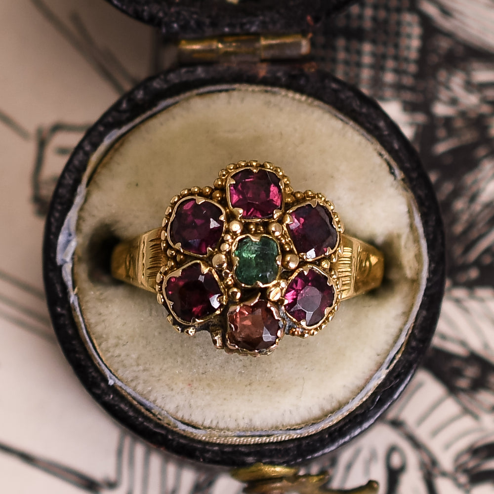 Georgian Emerald & Almandine Garnet Flower Cluster Ring