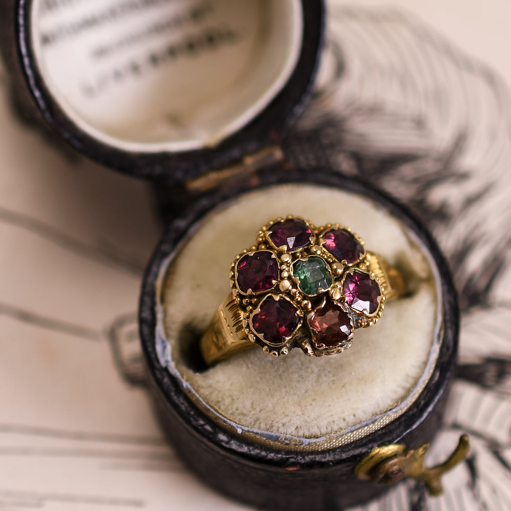 Georgian Emerald & Almandine Garnet Flower Cluster Ring