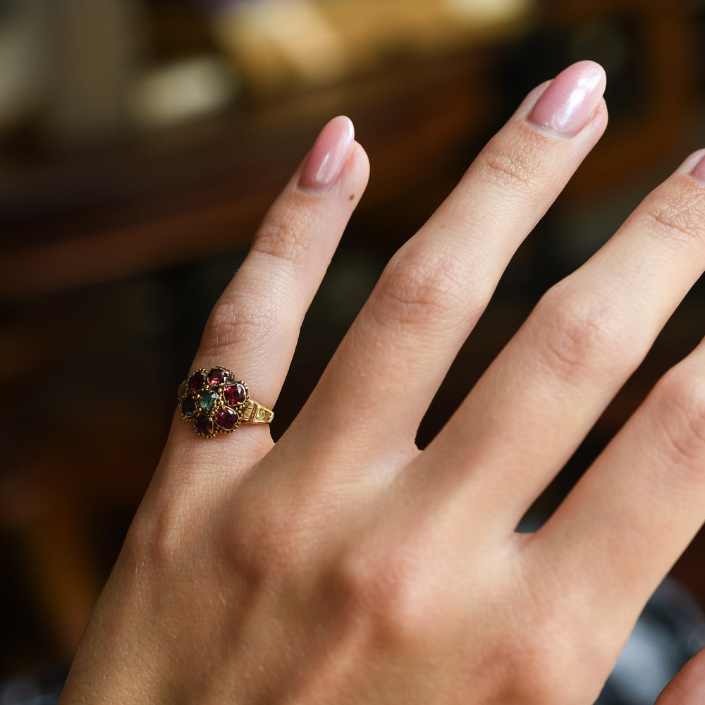 Georgian Emerald & Almandine Garnet Flower Cluster Ring
