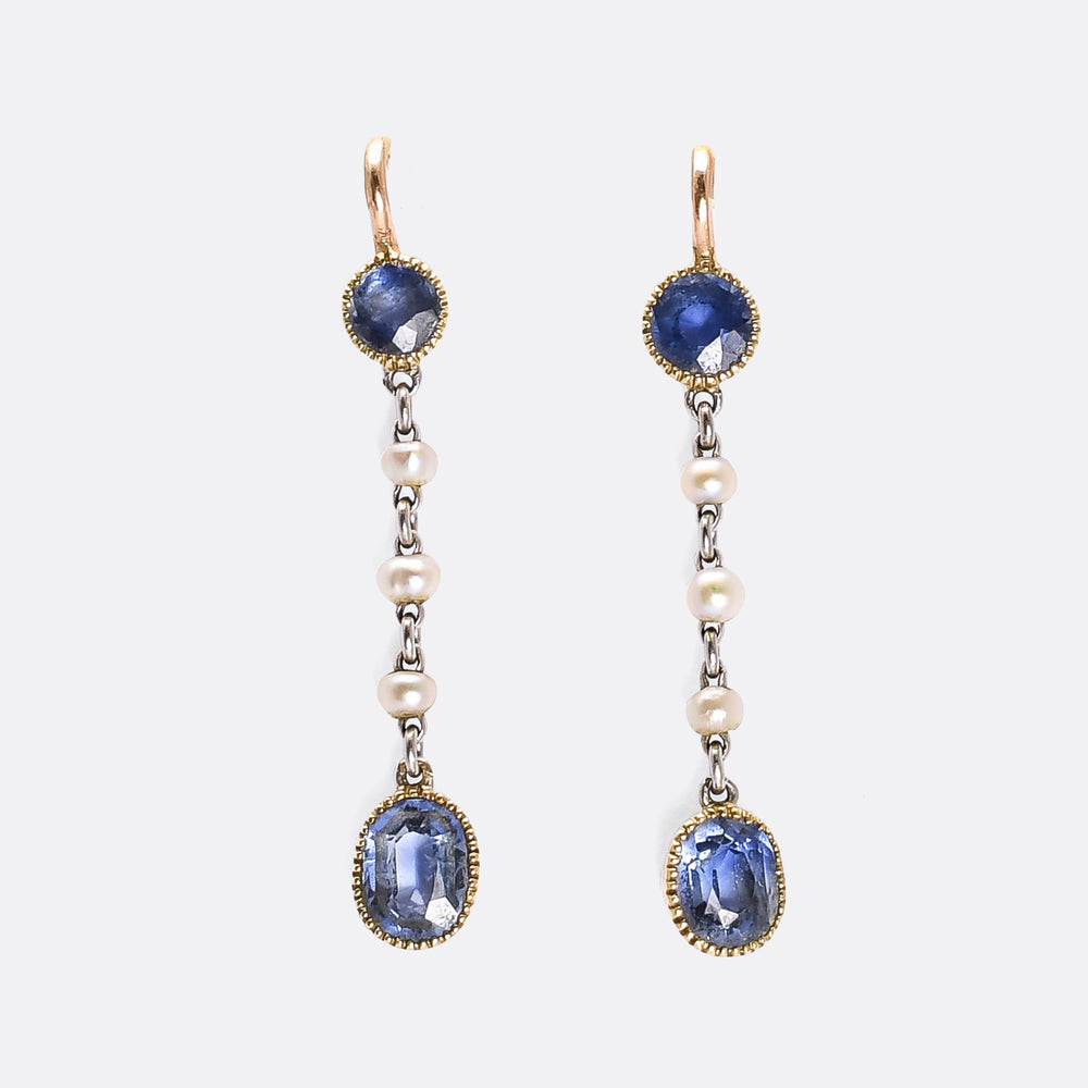Edwardian Sapphire & Pearl Drop Earrings