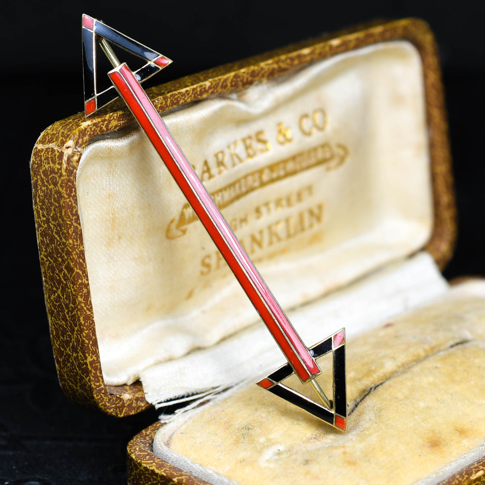 High Art Deco French Enamel Double Arrow Brooch