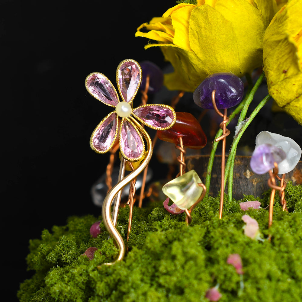 Edwardian Pink Tourmaline & Pearl Flower Pin