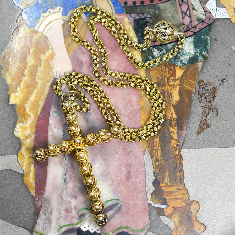 Georgian Cannetille Cross Pendant & Chain