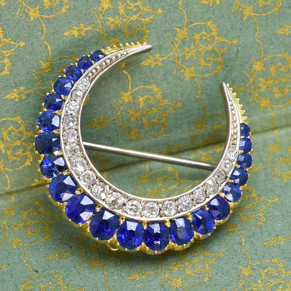 Victorian Sapphire & Diamond Crescent Brooch Pendant