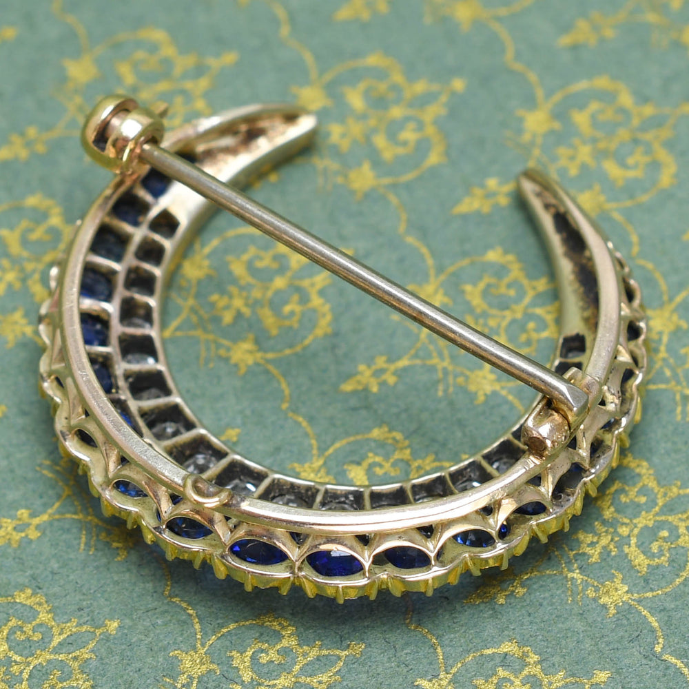 Victorian Sapphire & Diamond Crescent Brooch Pendant