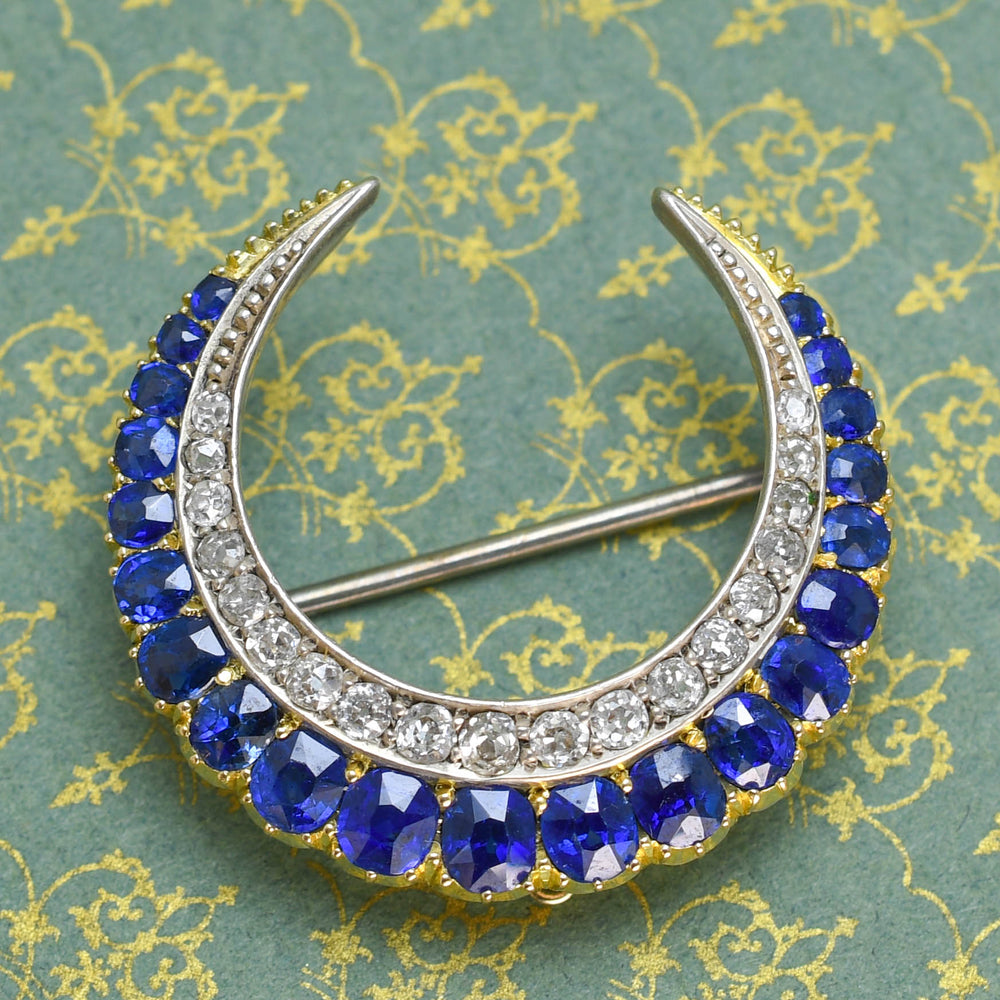 Victorian Sapphire & Diamond Crescent Brooch Pendant