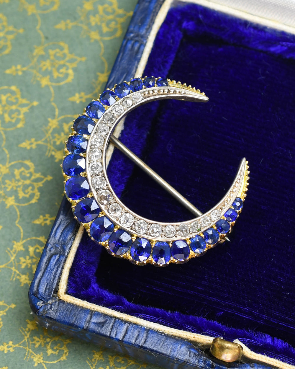 Victorian Sapphire & Diamond Crescent Brooch Pendant