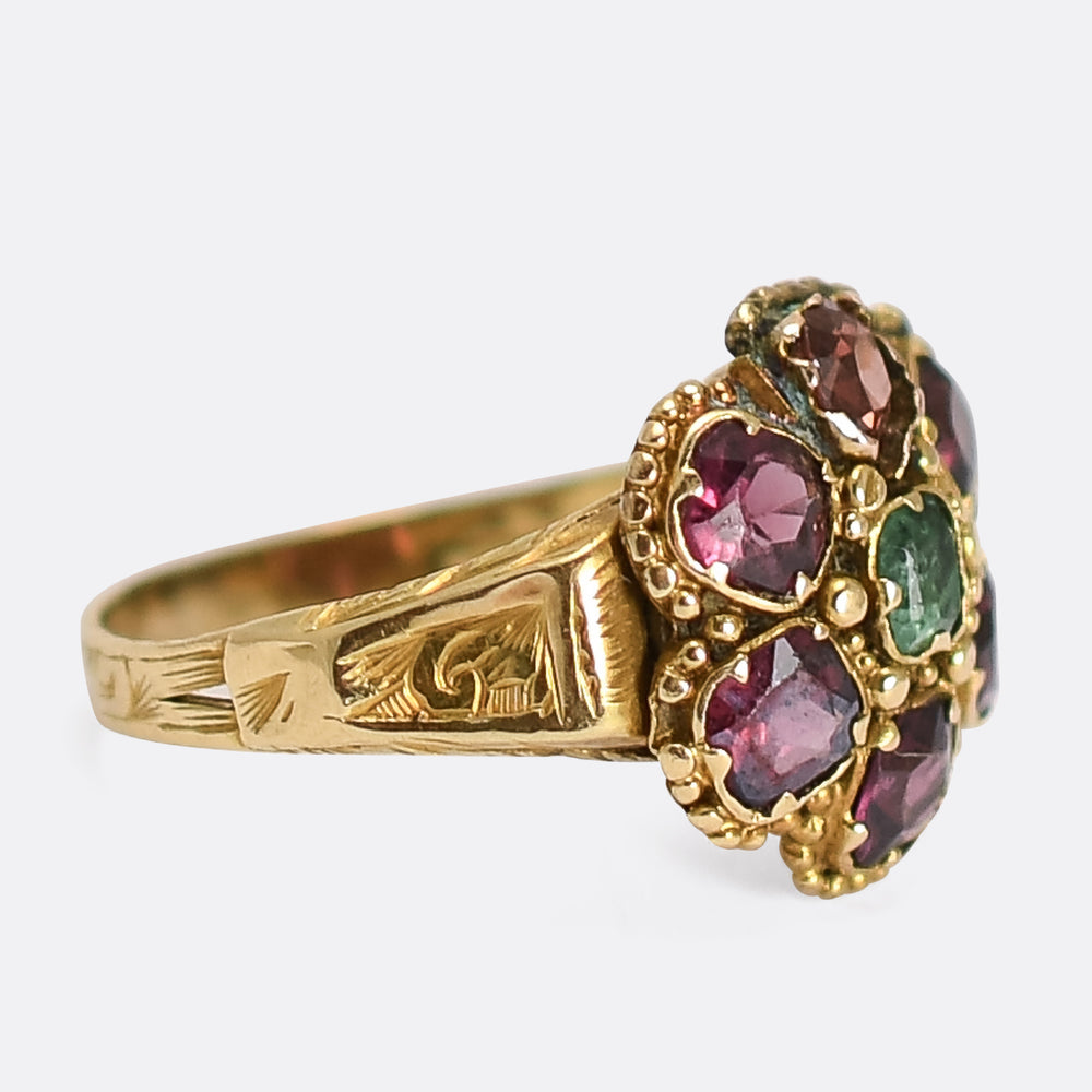 Georgian Emerald & Almandine Garnet Flower Cluster Ring