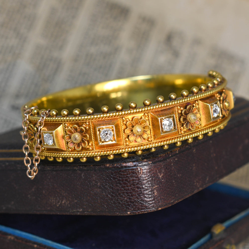 Etruscan Revival Diamond Flower Bangle