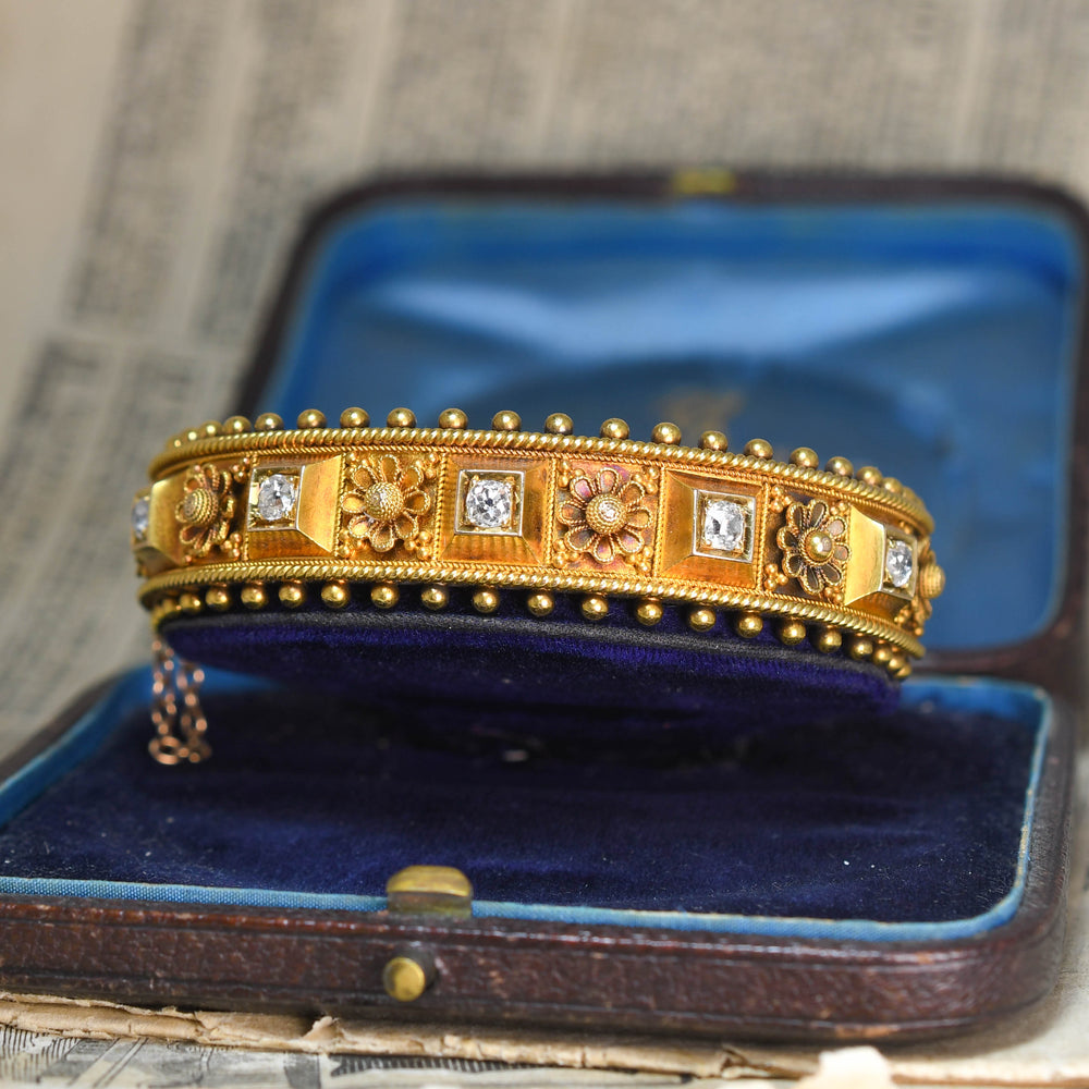Etruscan Revival Diamond Flower Bangle