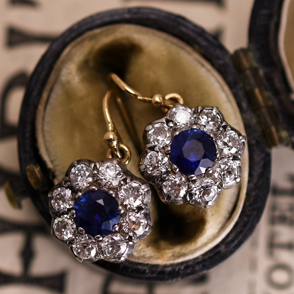 Victorian Sapphire & Diamond Flower Cluster Earrings