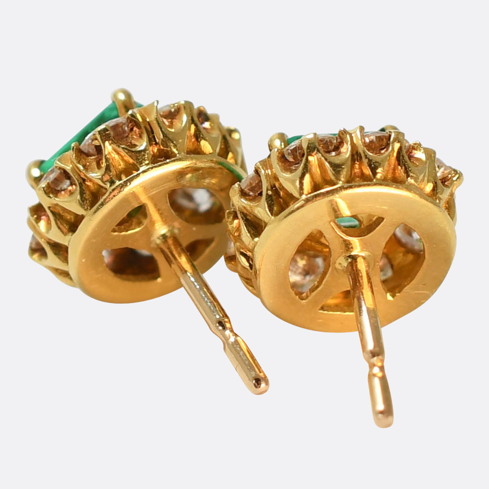 1920's Colombian Emerald & Diamond Cluster Stud Earrings