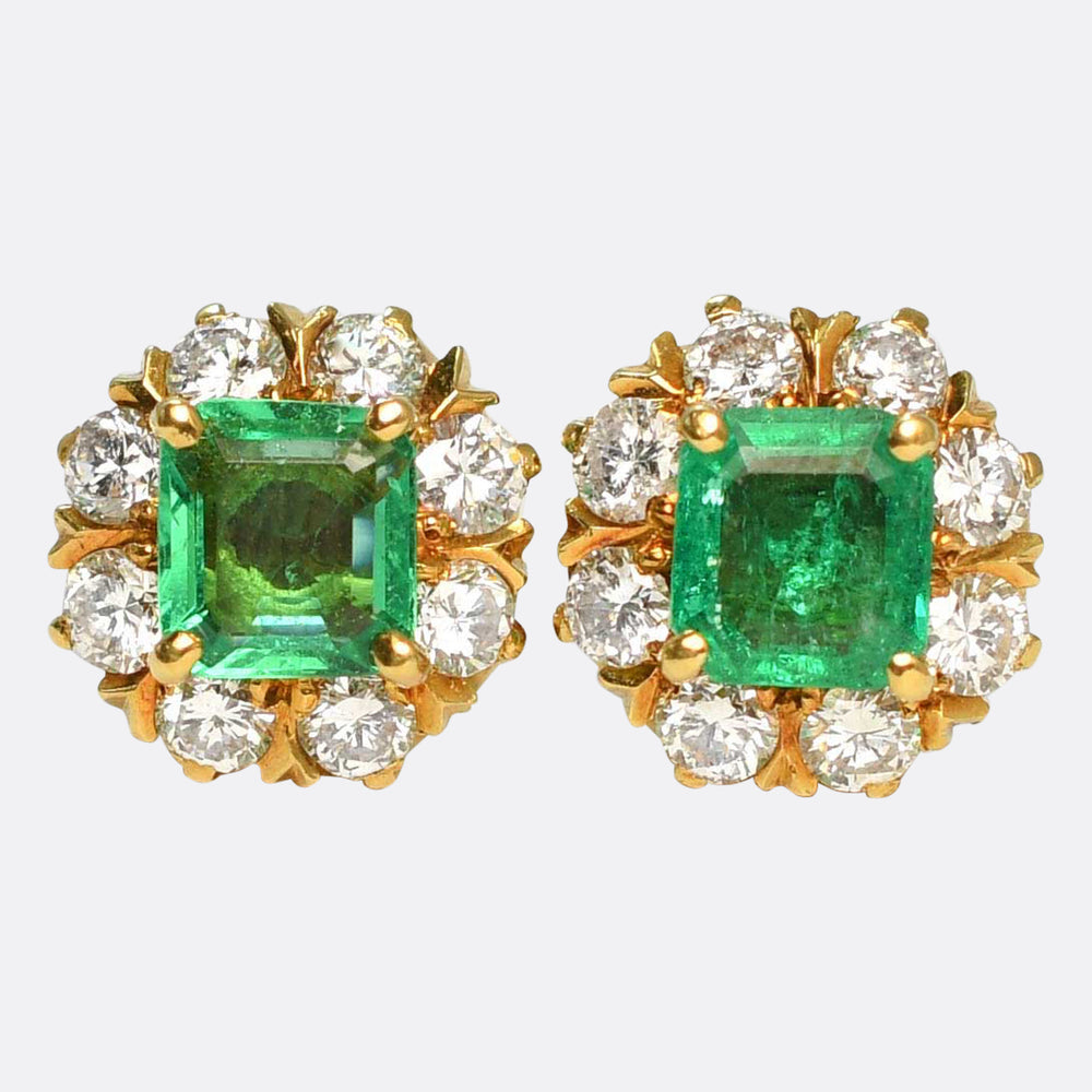 1920's Colombian Emerald & Diamond Cluster Stud Earrings