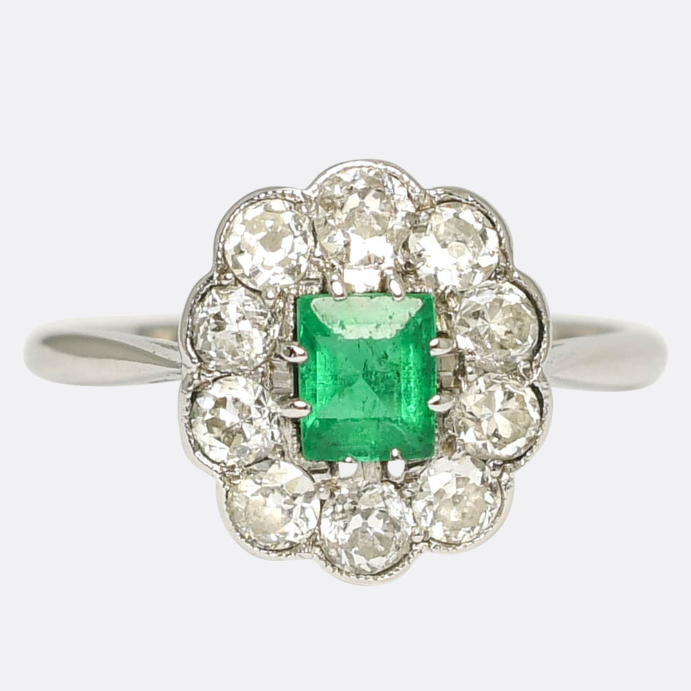 1920's Emerald & Diamond Daisy Cluster Ring