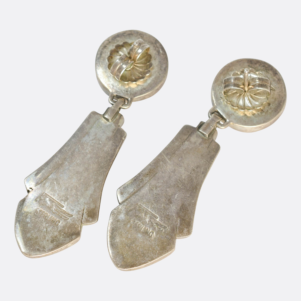 1920's Silver Lapis, Turquoise & Agate Inlay Drop Earrings