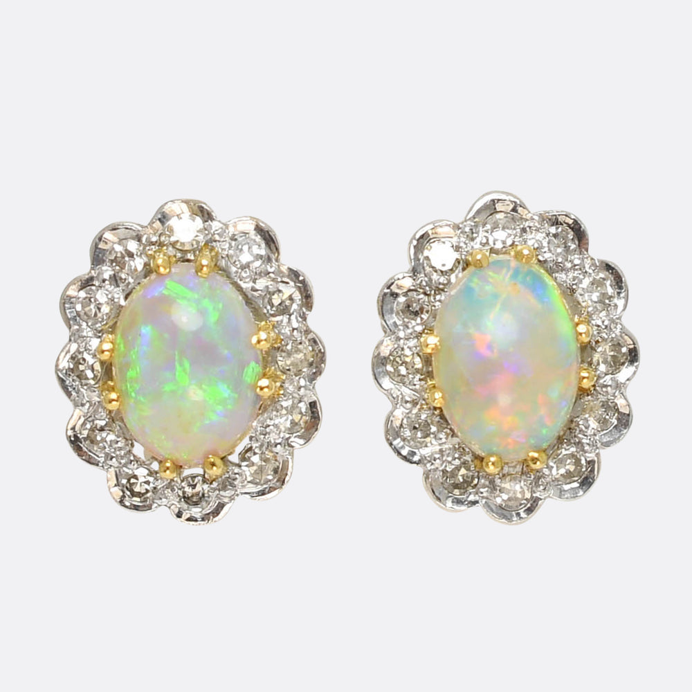1930's Opal & Diamond Cluster Stud Earrings