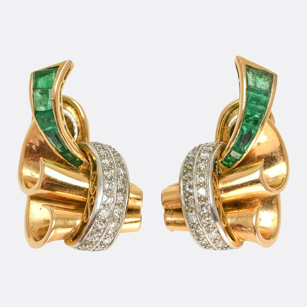 1940's Emerald & Diamond Abstract Earrings