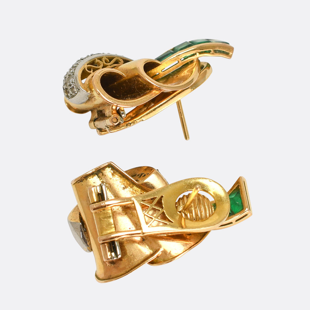 1940's Emerald & Diamond Abstract Earrings