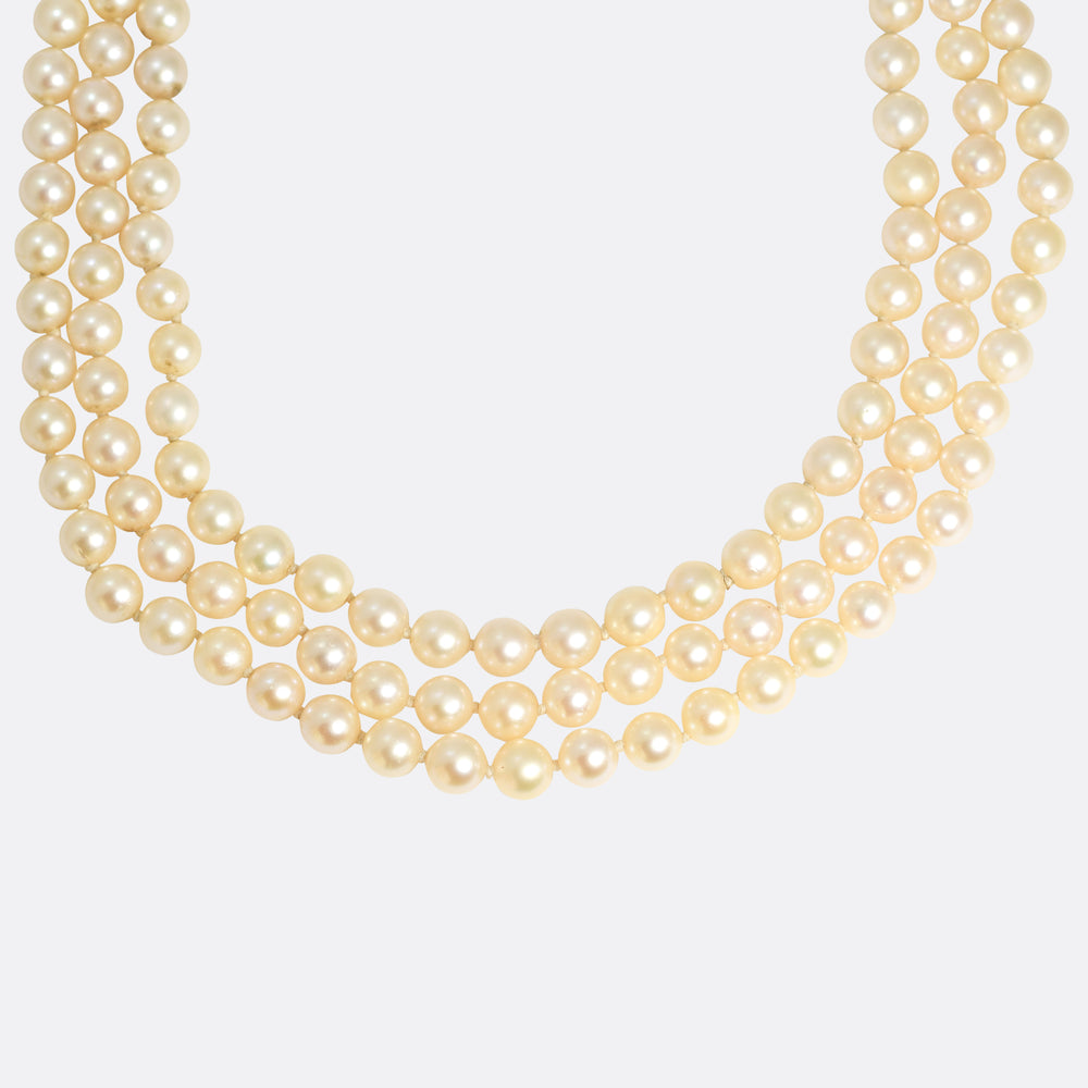 1950's Lotus Cultured Pearl Three-Strand Necklace
