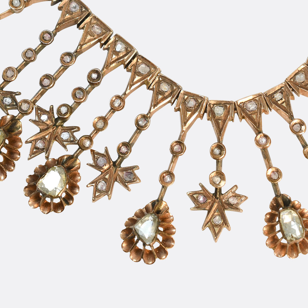 19th Century Boxed European Diamond Fringe Necklace