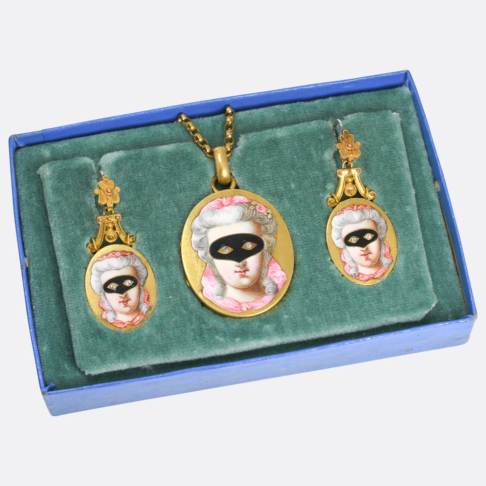 19th Century Enamel & Paste Masquerade Locket & Earrings Suite