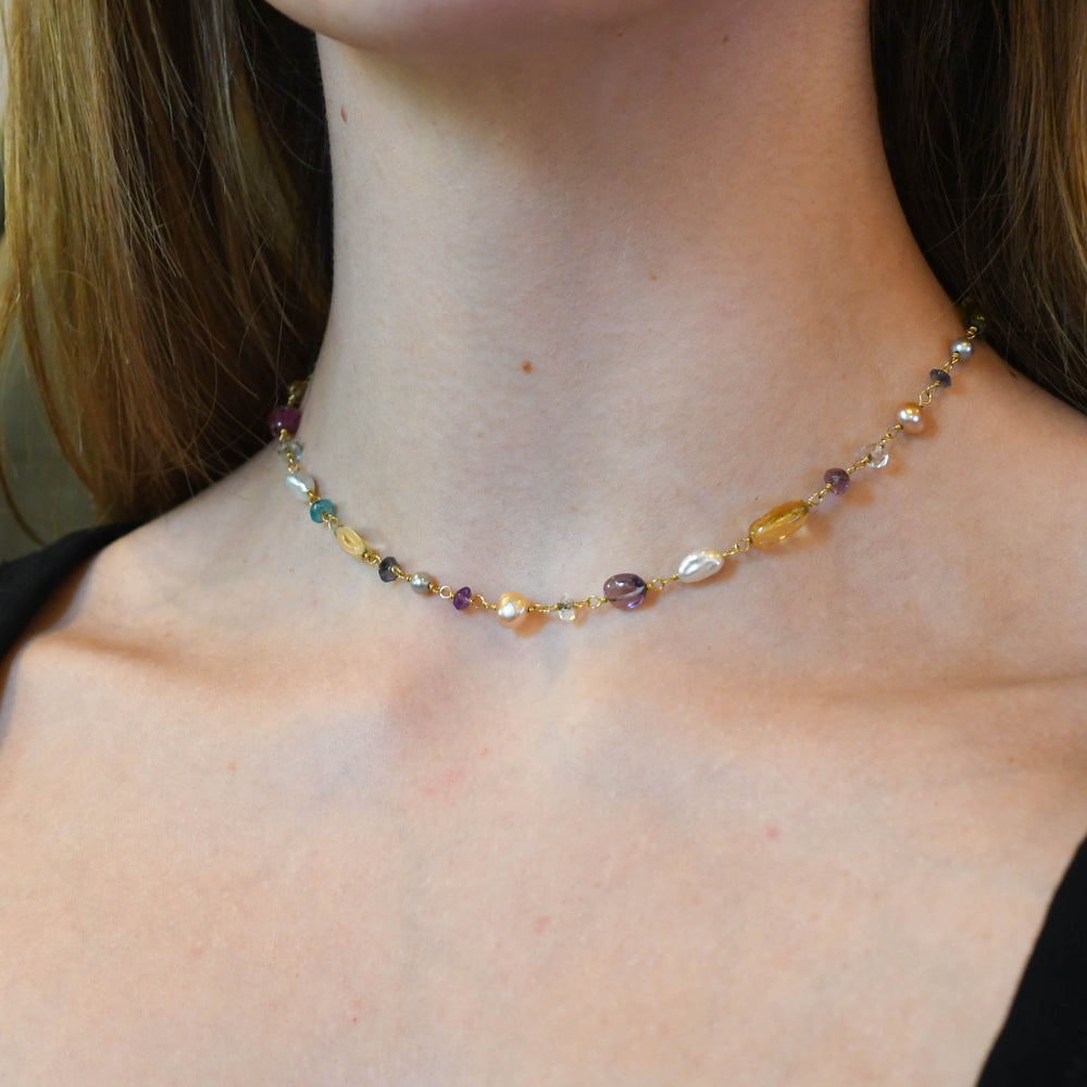 Vintage Multi-Gem Bead 18k Gold Necklace