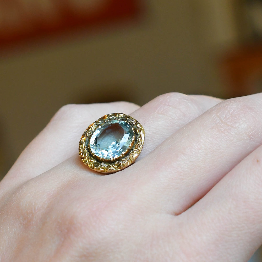 Georgian Aquamarine Gold Halo Ring