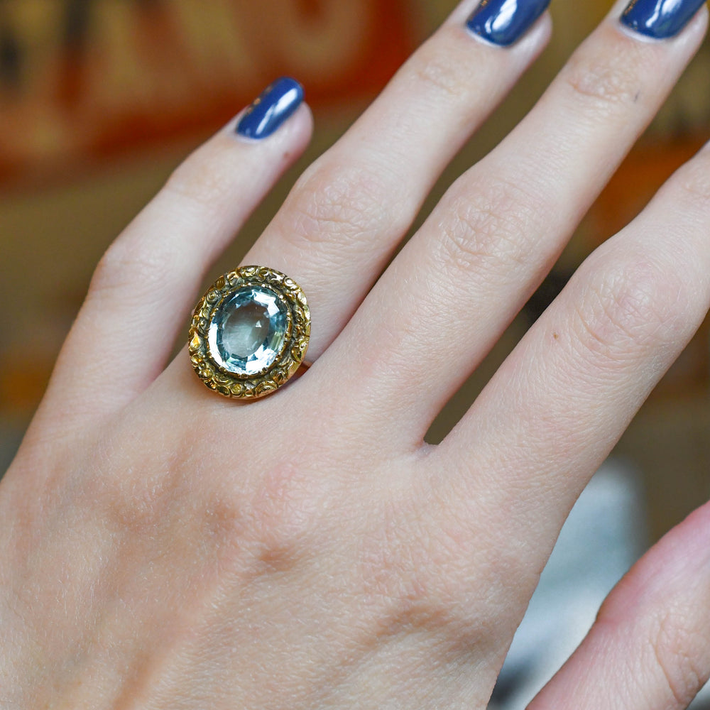 Georgian Aquamarine Gold Halo Ring