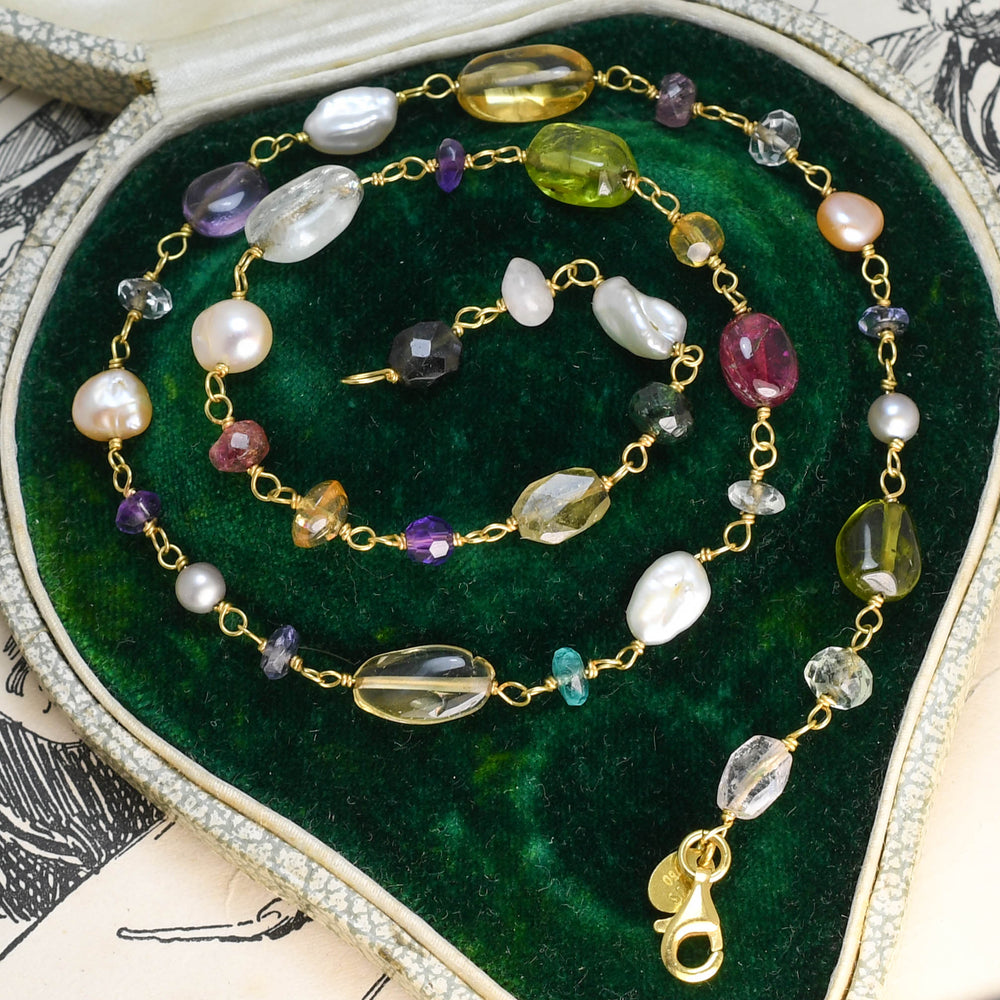Vintage Multi-Gem Bead 18k Gold Necklace