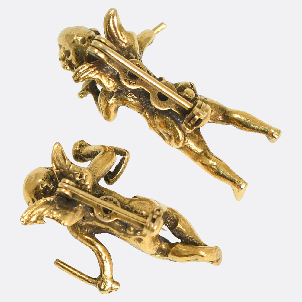 Victorian Brass Cherub Brooch Pair