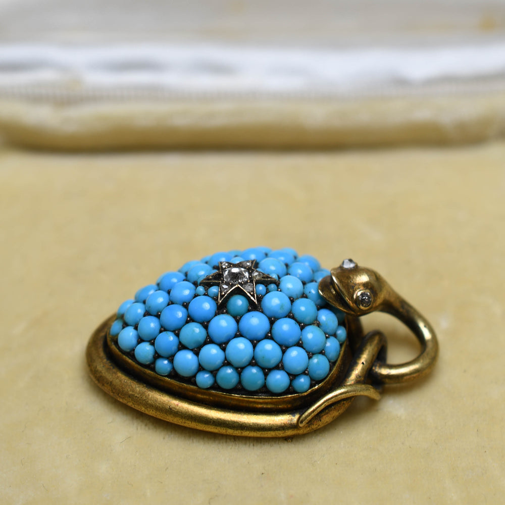 18k gold Victorian turquoise & diamond snake heart locket