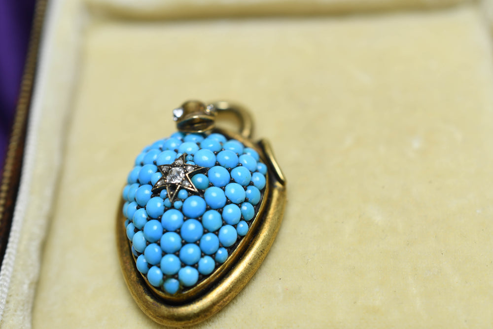 18k gold Victorian turquoise & diamond snake heart locket