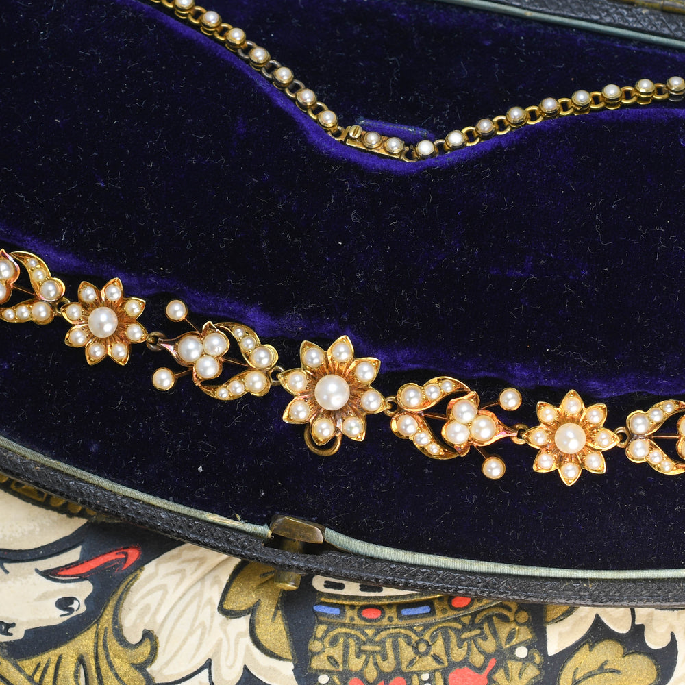 Victorian Boxed Natural Pearl Flower Necklace
