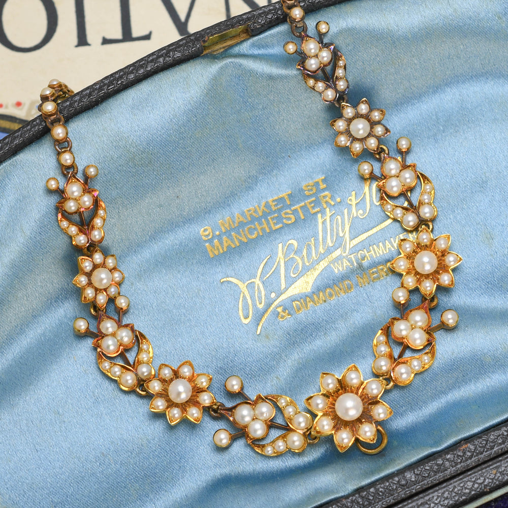 Victorian Boxed Natural Pearl Flower Necklace