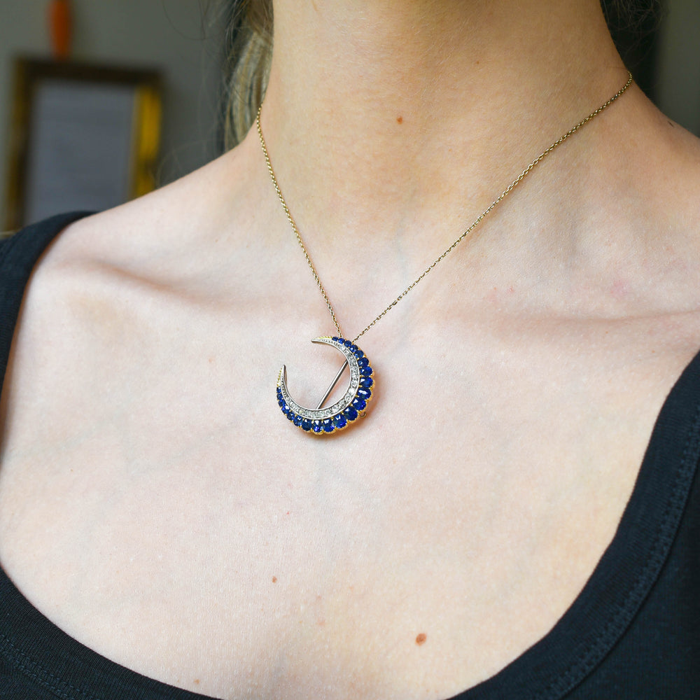 Victorian Sapphire & Diamond Crescent Brooch Pendant