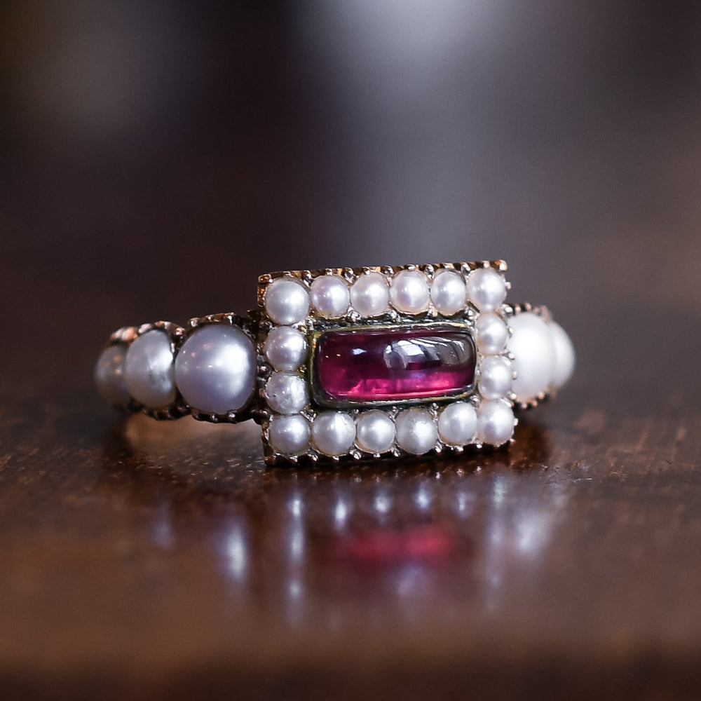 Georgian Pearl & Garnet Half Hoop Ring