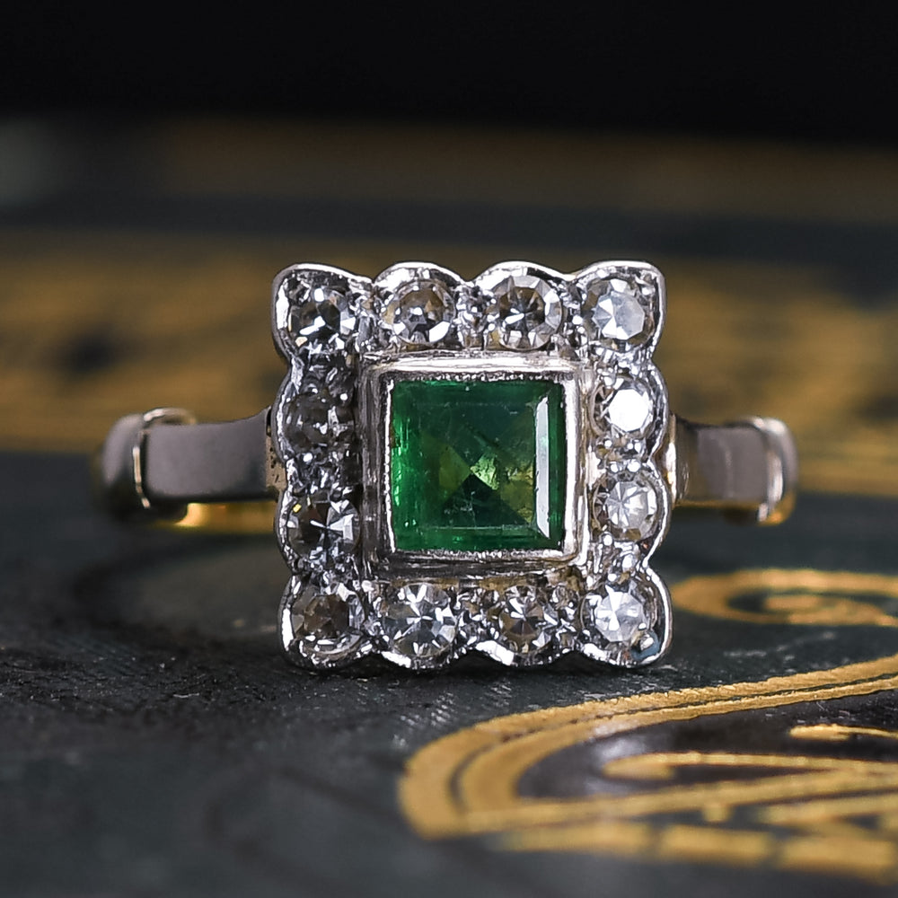 Art Deco Emerald & Diamond Square Cluster Ring