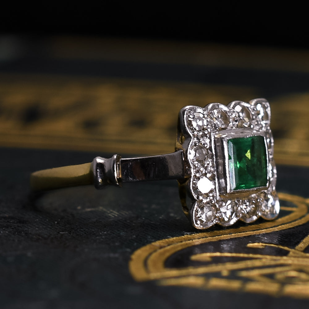 Art Deco Emerald & Diamond Square Cluster Ring
