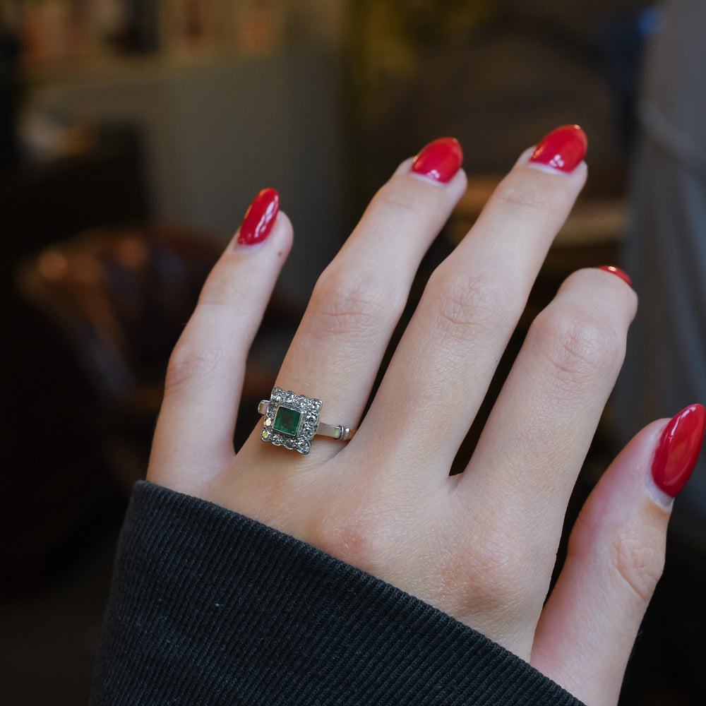 Art Deco Emerald & Diamond Square Cluster Ring