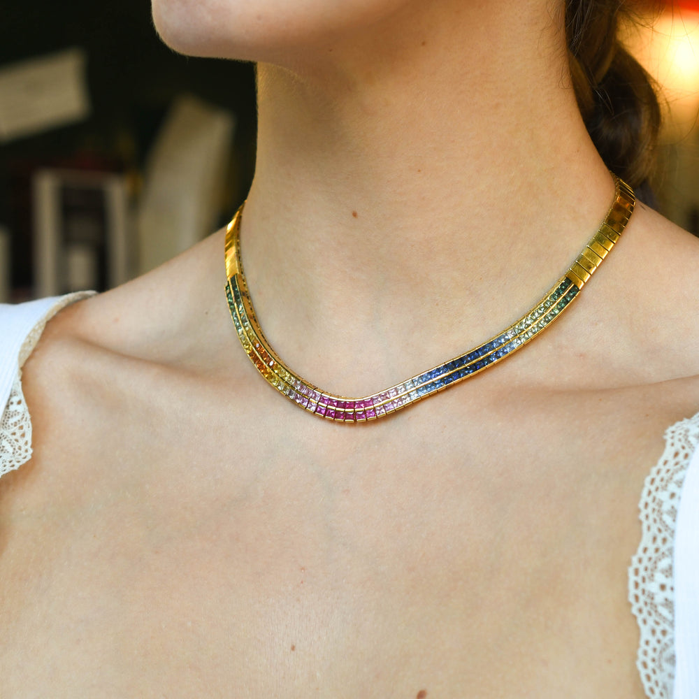 Vintage Rainbow Sapphire 18k Gold Necklace