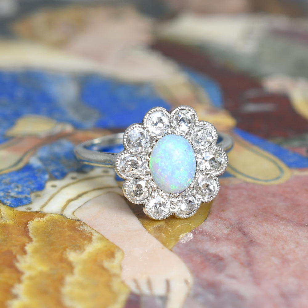 Art Deco Opal & Diamond Flower Cluster Ring