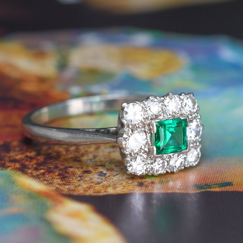 1920's Emerald & Diamond Cluster Ring by Cropp & Farr