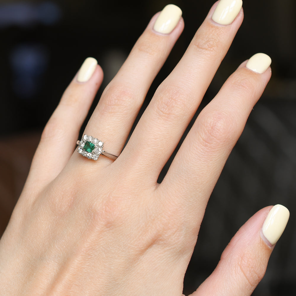 1920's Emerald & Diamond Cluster Ring by Cropp & Farr