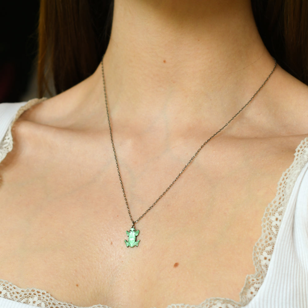 1920's Enamel Frog Charm & Chain