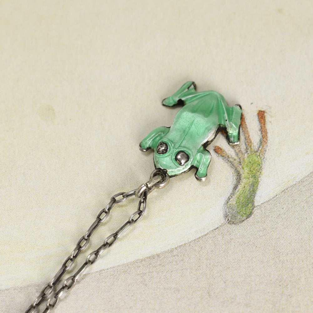 1920's Enamel Frog Charm & Chain