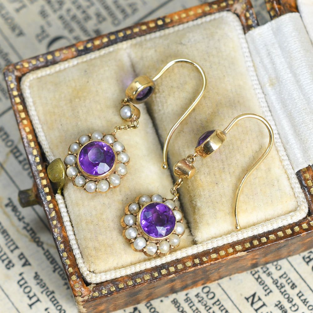 Edwardian Amethyst & Pearl Cluster Drop Earrings
