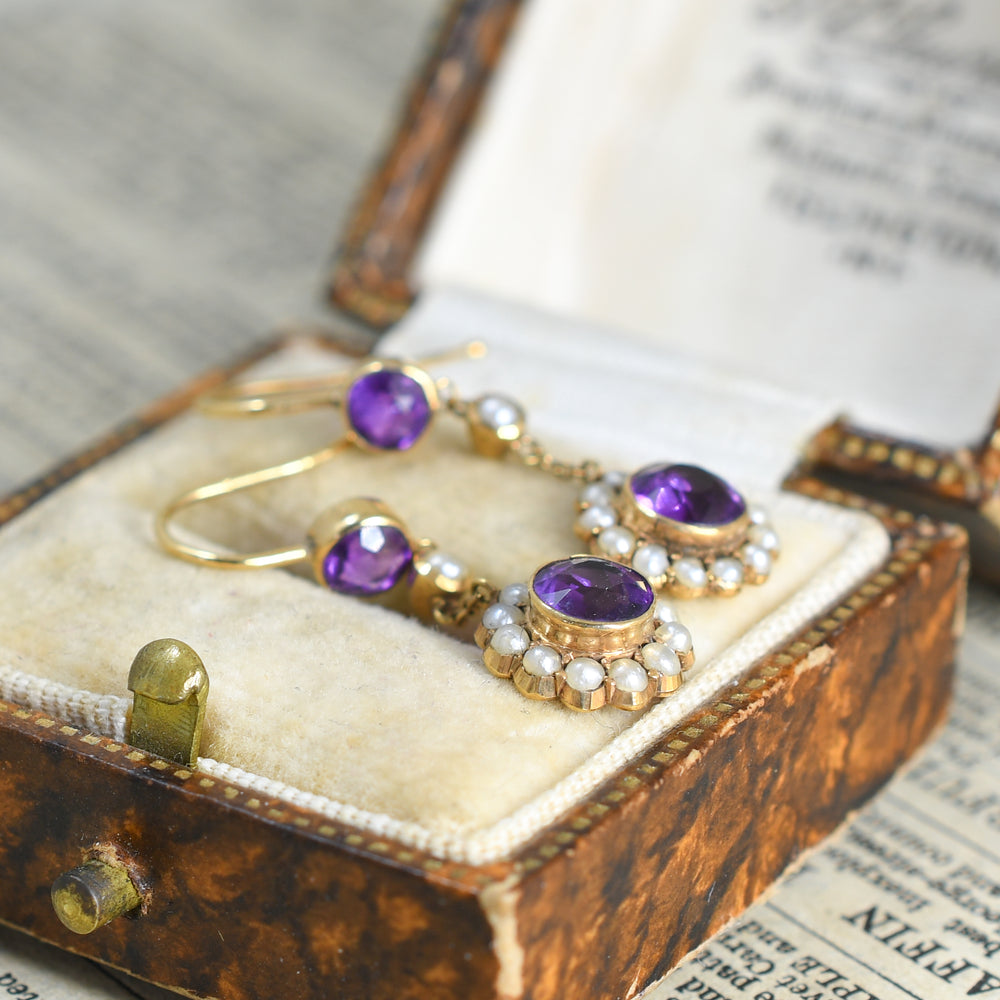 Edwardian Amethyst & Pearl Cluster Drop Earrings